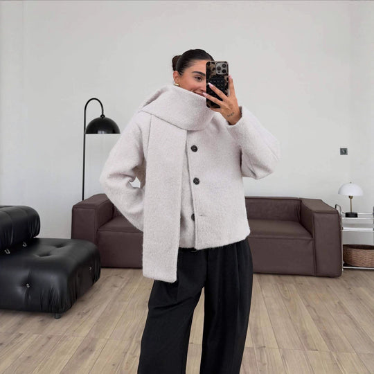 Damen kuschelige Oversized-Jacke mit hohem Kragen und Button-Details Fudus