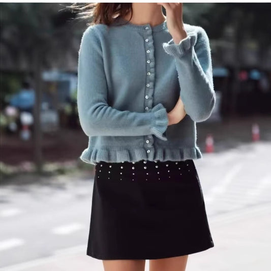 Cardigan Damen Rüschensaum Knopfleiste Elegant