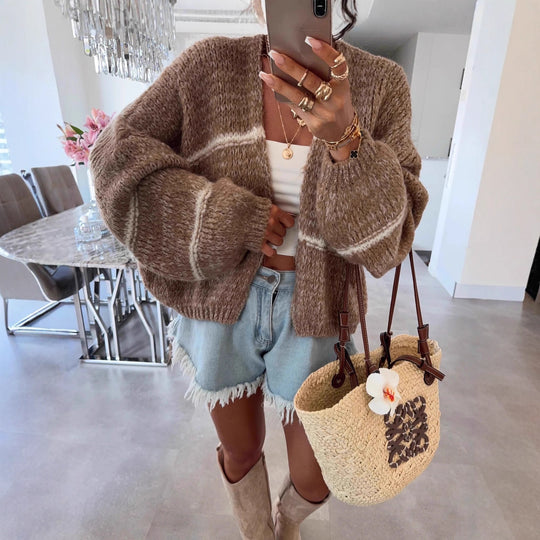 Damen Grobstrickjacke mit lässigem Schnitt und modischem Streifenmuster Fudus