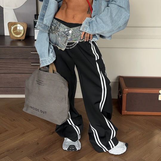 Damen lässige Cargo-Hose mit seitlichen Taschen und kontrastierenden Streifen Fudus