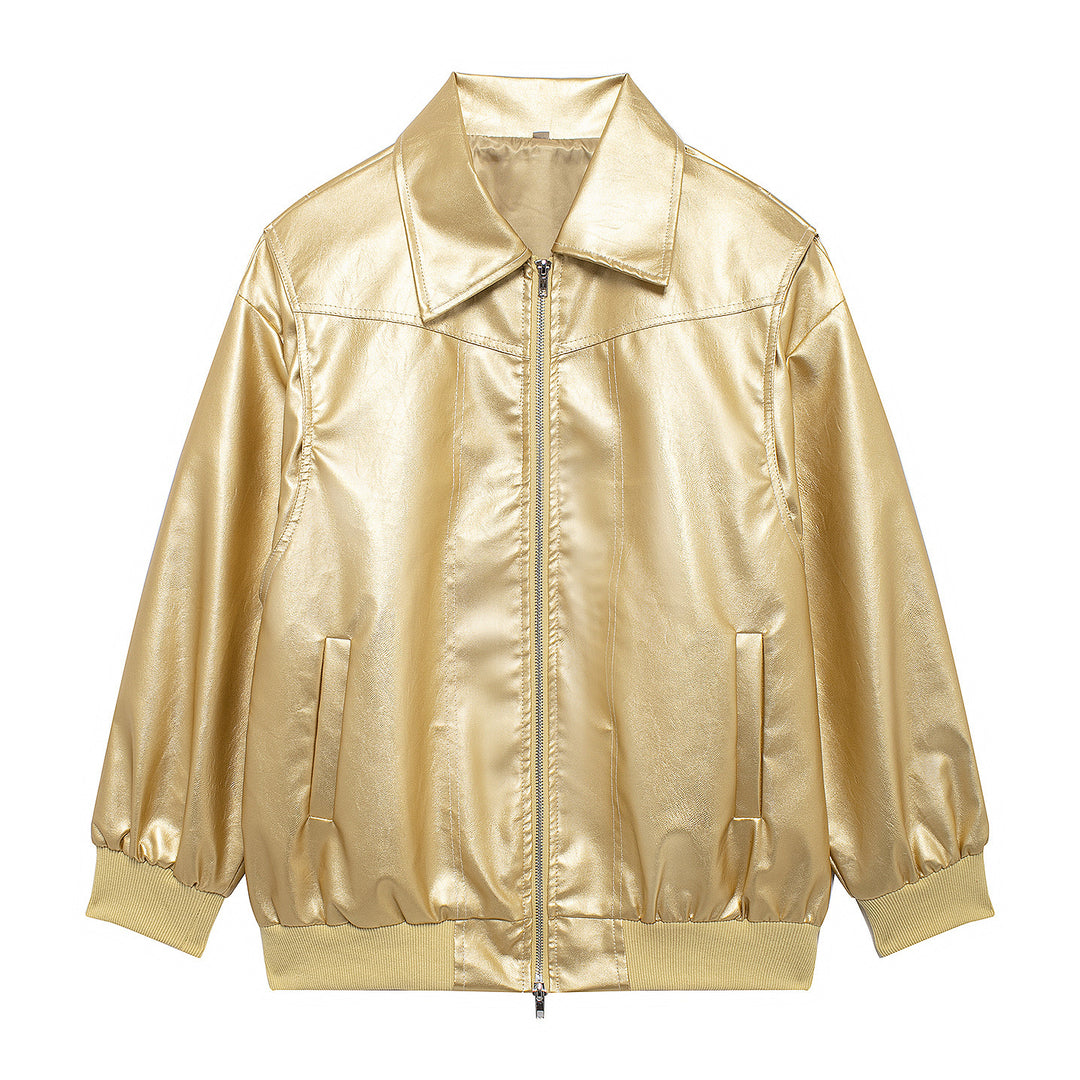 Damen Kunstlederjacke mit elastischen Bündchen und hochschließendem Kragen Fudus