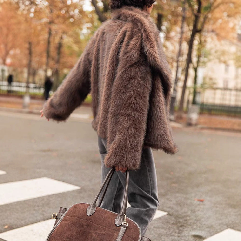Damen Kunstfelljacke mit breitem Kragen und luxuriösem Schnitt Fudus