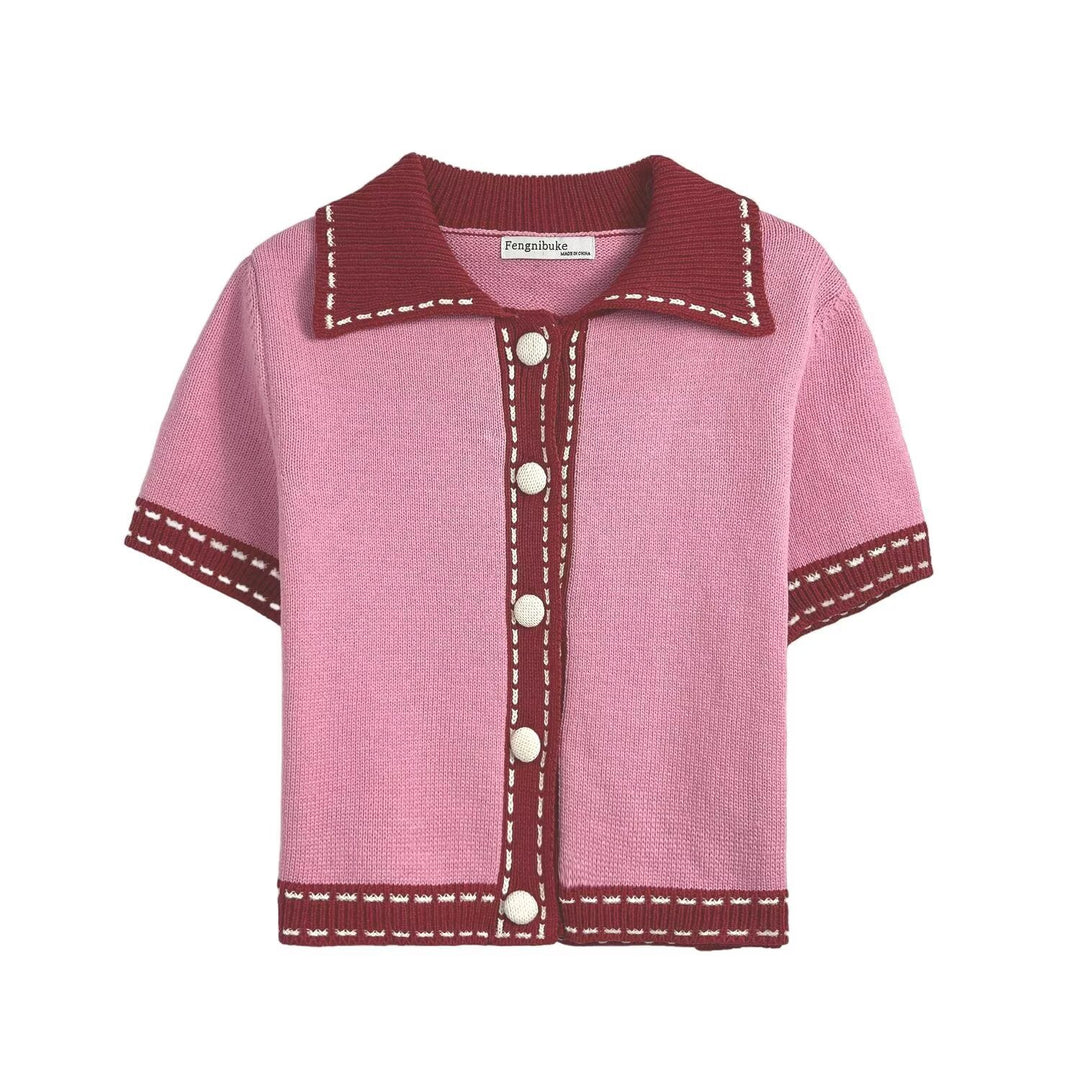 Damen Kurzarmpullover mit kontrastierenden Details Fudus