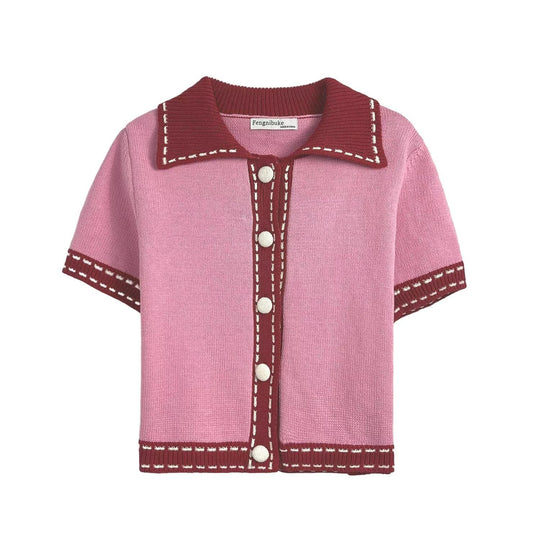 Damen Kurzarmpullover mit kontrastierenden Details Fudus