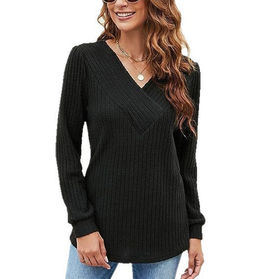 Damen Langärmliger V-Ausschnitt Pullover mit Rippstruktur und komfortabler Passform Fudus