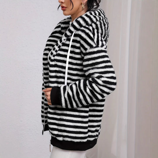 Damen kuschelige Fleecejacke mit gestreiftem Muster und praktischen Taschen Fudus