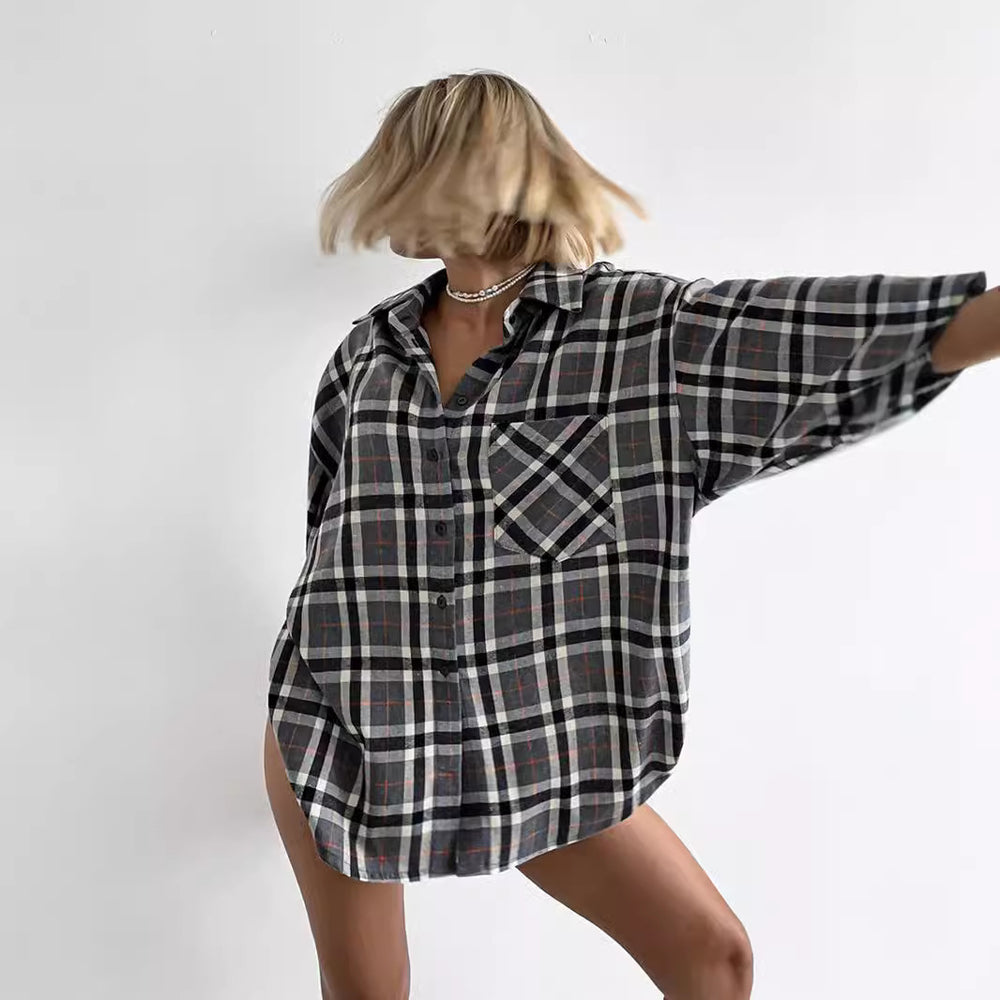Damen Karierte Overshirt Hemdbluse Fudus