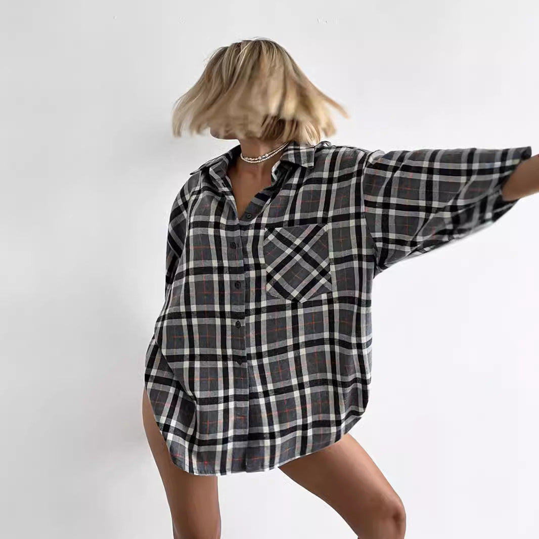Damen Karierte Overshirt Hemdbluse Fudus