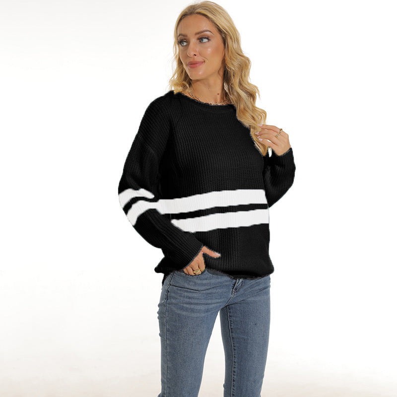 Damen Grobstrickpullover mit sportlichem Streifenmuster und lockerer Passform Fudus