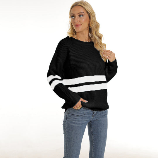 Damen Grobstrickpullover mit sportlichem Streifenmuster und lockerer Passform Fudus