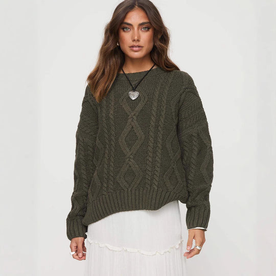 Damen Grobstrickpullover mit voluminösen Ärmeln und klassischem Zopfmuster Fudus