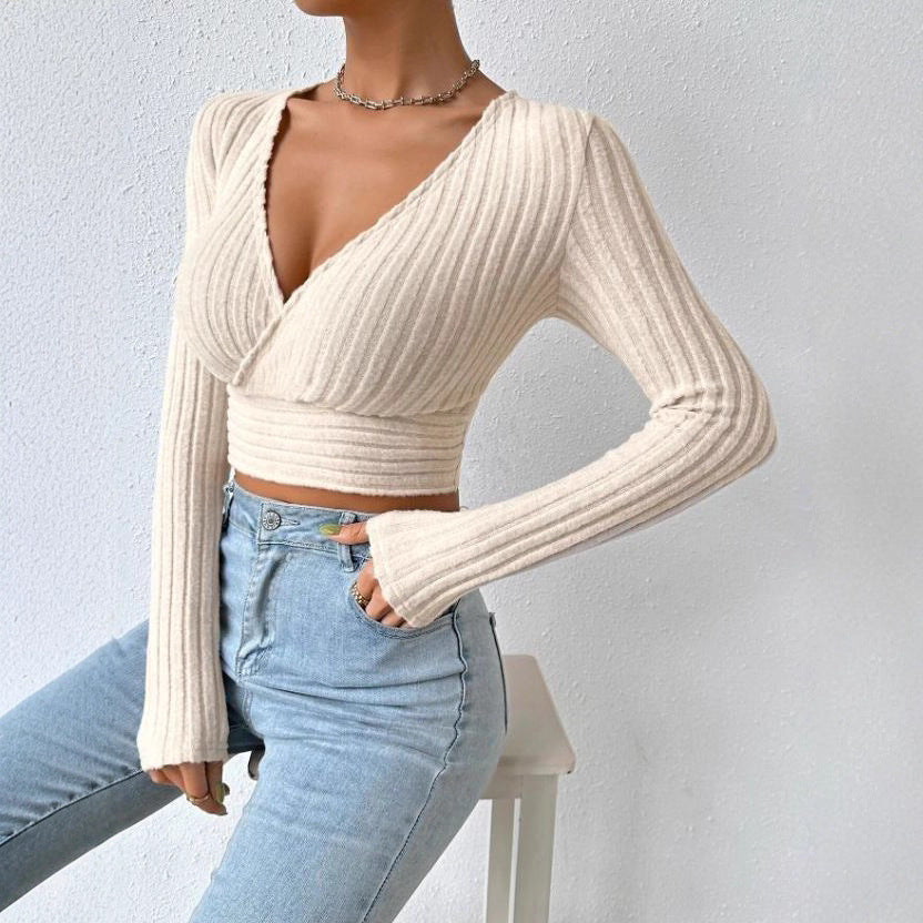 Damen Langarm-Crop-Top mit schmeichelndem Wickeldesign Fudus