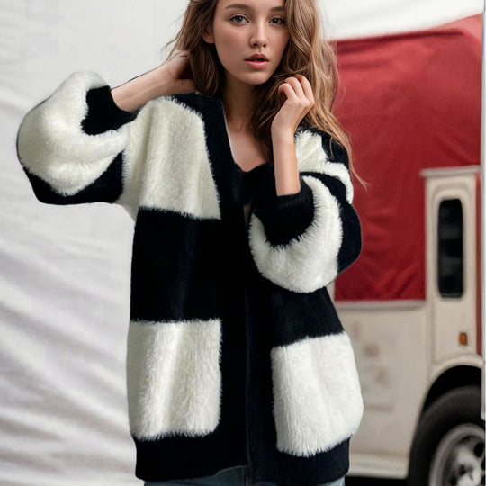 Damen Grobstrick Cardigan mit modischem Streifenmuster Fudus