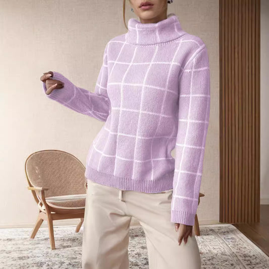 Damen Grobstrickpullover mit modernem Karomuster und hohem Kragen Fudus