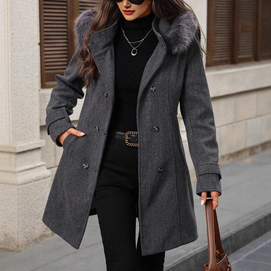 Damen modischer Mantel mit abnehmbarem Kunstpelzkragen und tailliertem Schnitt Fudus