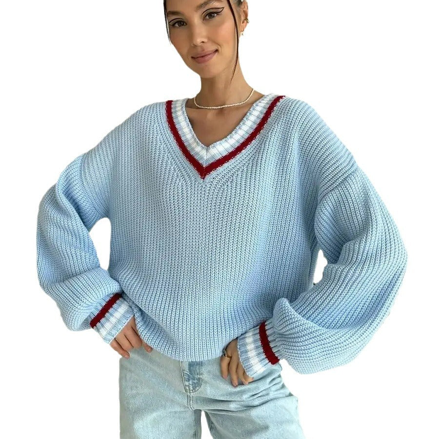 Damen Grobstrickpullover mit dekorativem V-Ausschnitt Fudus