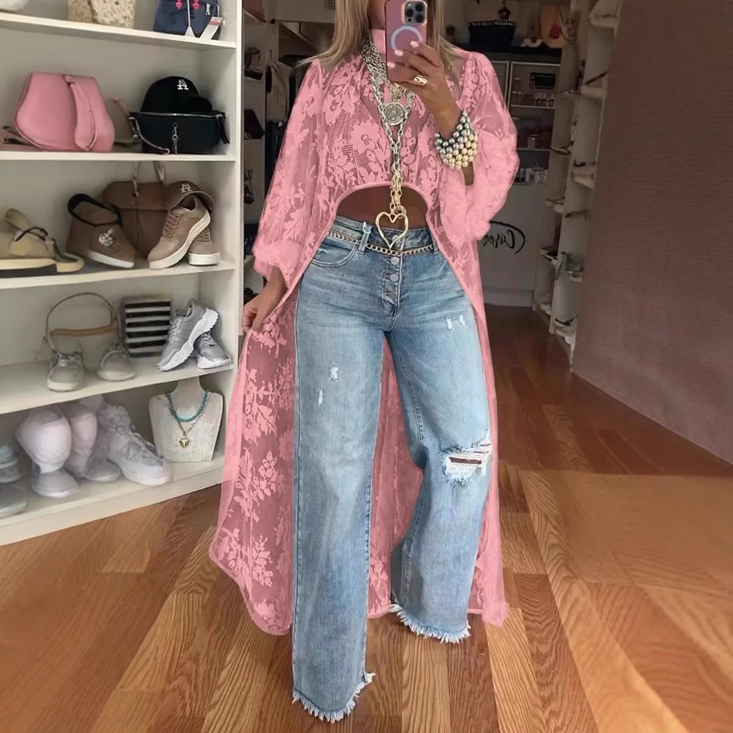 Damen Langer Kaftan mit Spitze und weit geschnittenen Ärmeln Fudus