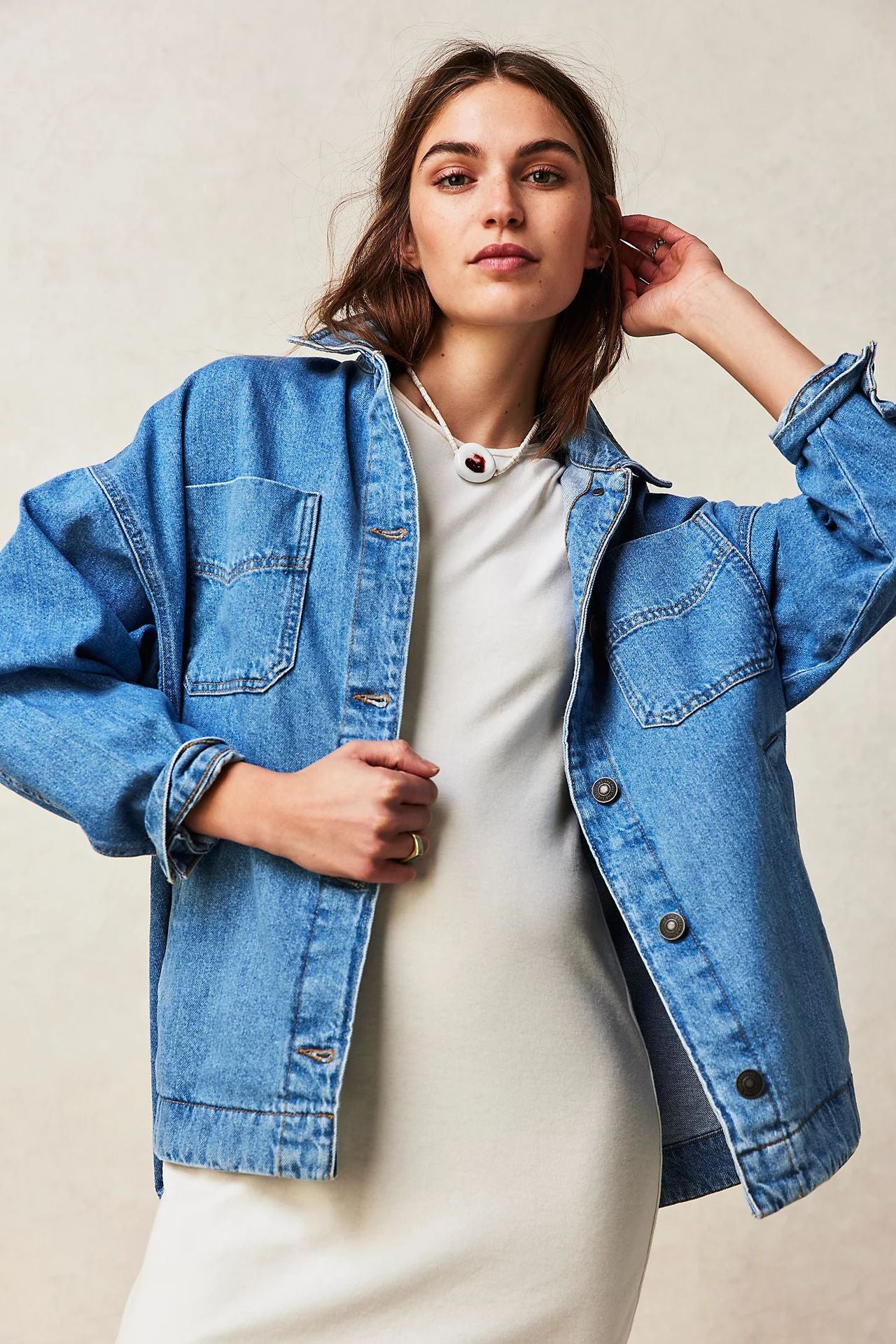 Damen Lässige Oversized-Jeansjacke mit Großen Taschen