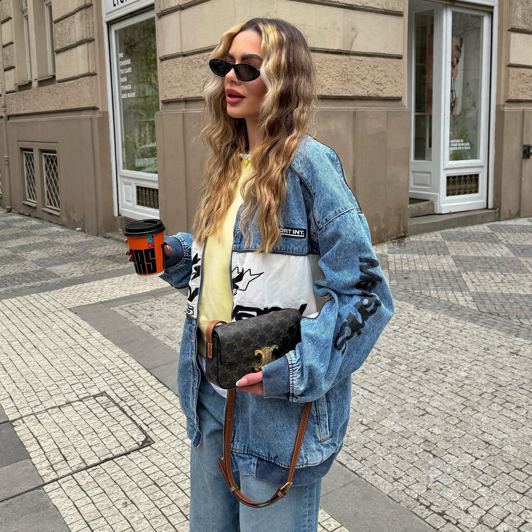 Damen lässige Jeansjacke mit kreativen Grafikdetails Fudus