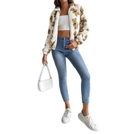 Damen kuschelige Fleecejacke mit Bärenmuster und durchgehendem Reißverschluss Fudus