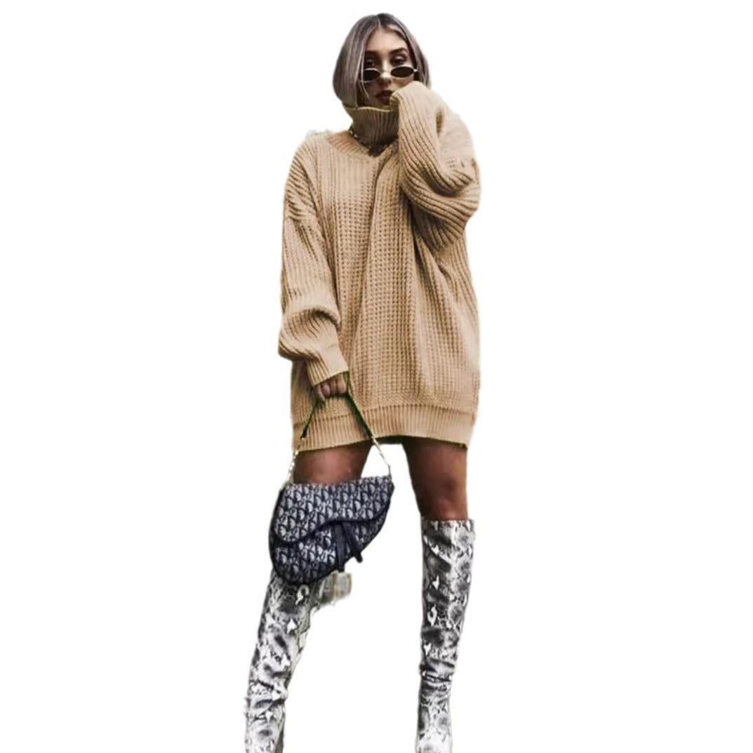 Damen Grobstrickpullover mit hohem Kragen und lockerem Schnitt Fudus