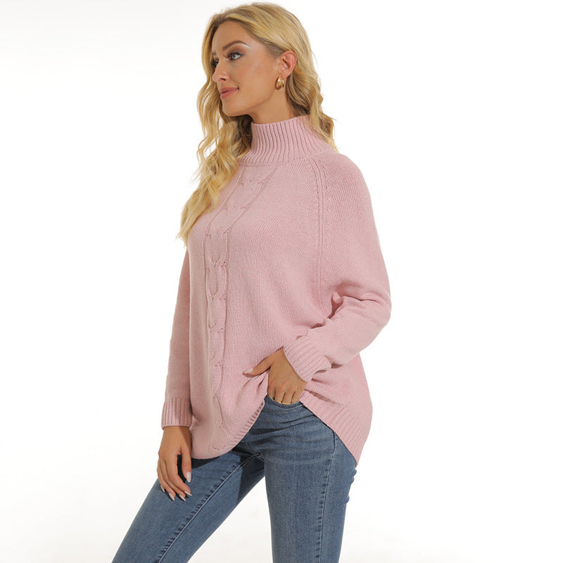 Damen Grobstrickpullover mit hohem Kragen und modernem Zopfmuster Fudus