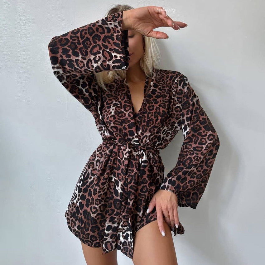 Damen Kimono-Morgenmantel mit Leopardenmuster und lockerer Passform