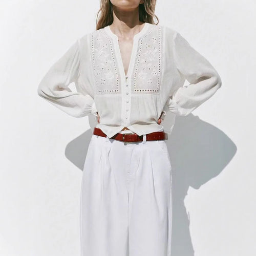 Damen lässige Bluse mit gestickten Details und Knopfleiste Fudus