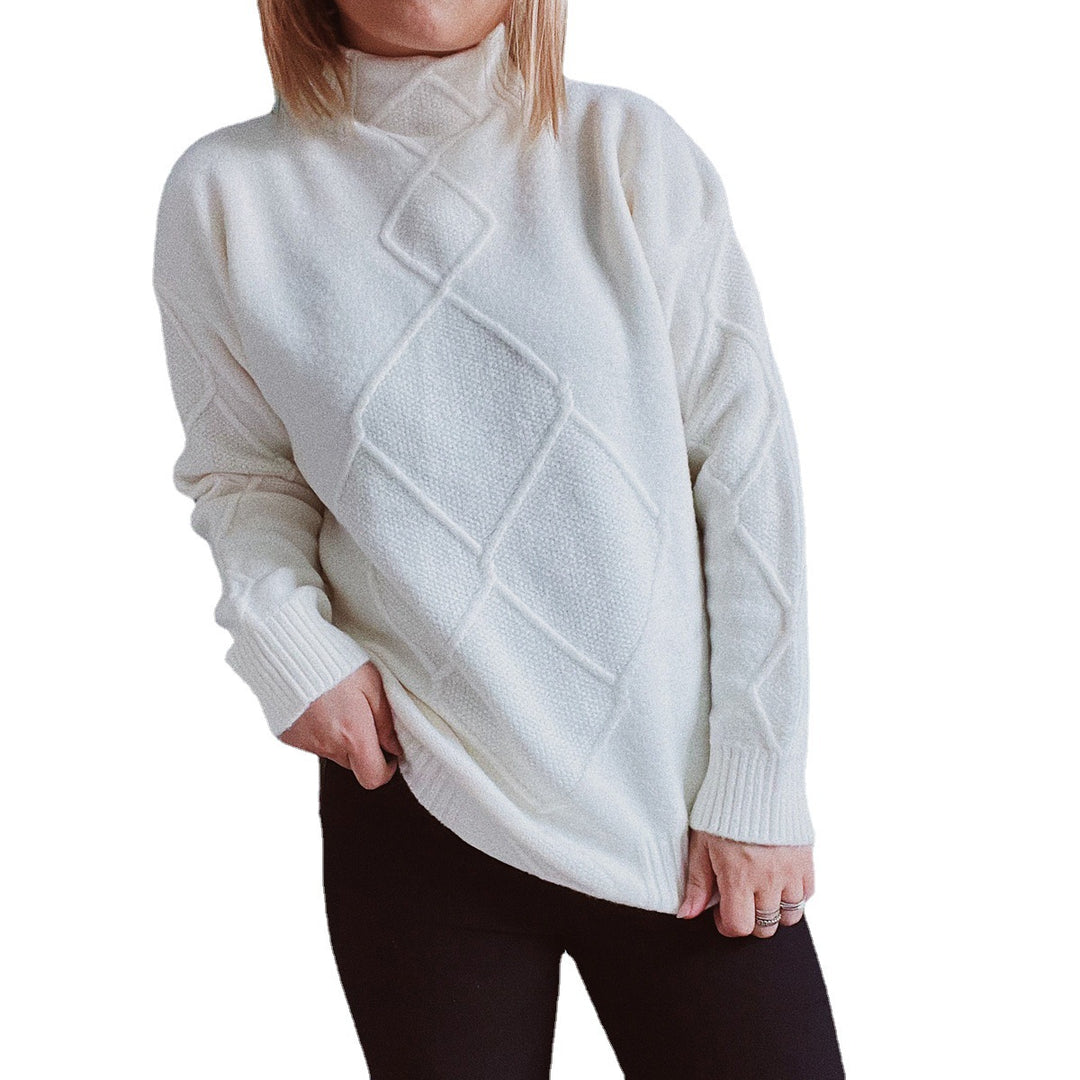 Damen Grobstrickpullover mit elegantem Rautenmuster und hohem Kragen Fudus