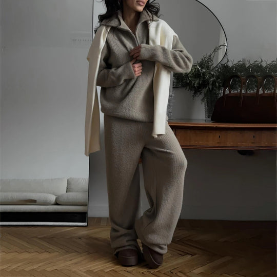 Damen kuscheliger Sweatanzug mit hohem Kragen und seitlichen Einschubtaschen Fudus