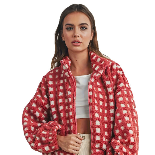 Damen kuschelige Oversized Fleecejacke mit Karomuster und hohem Kragen Fudus