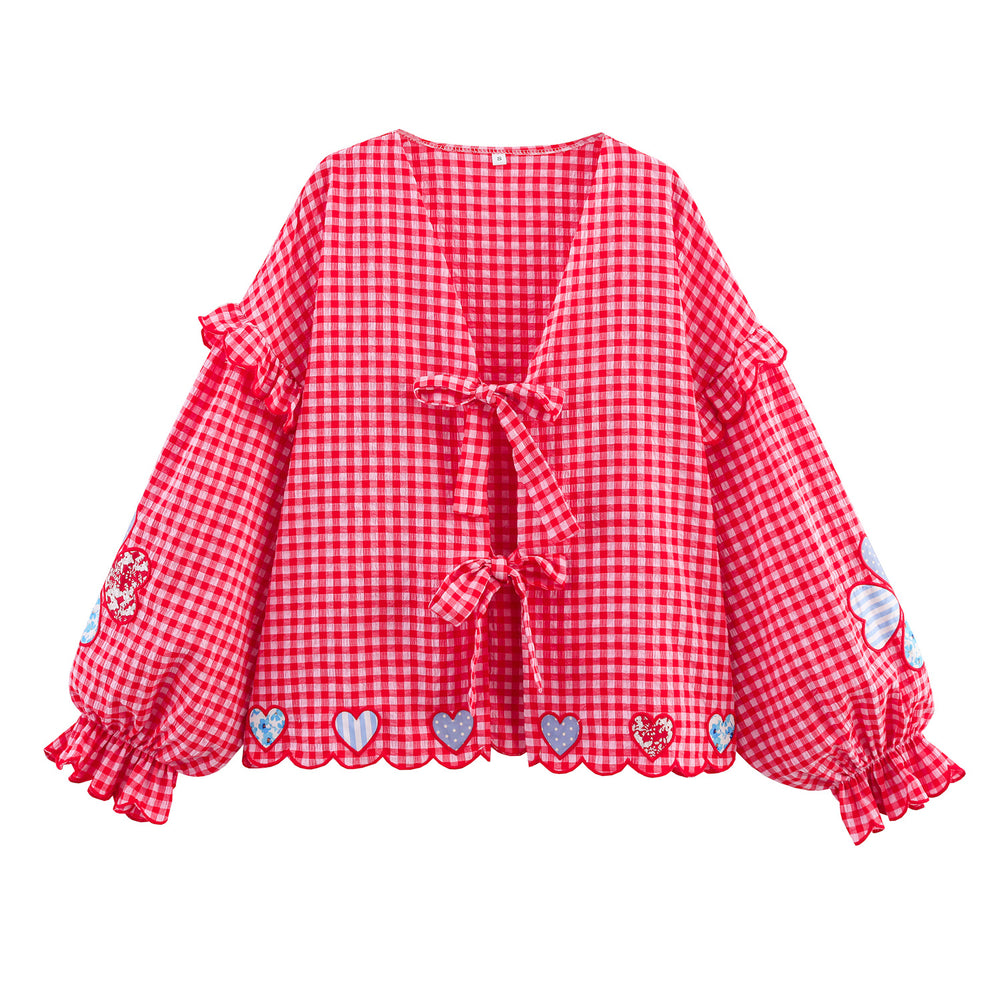 Damen lässige Bluse mit Rüschendetails und verspieltem Karomuster Fudus