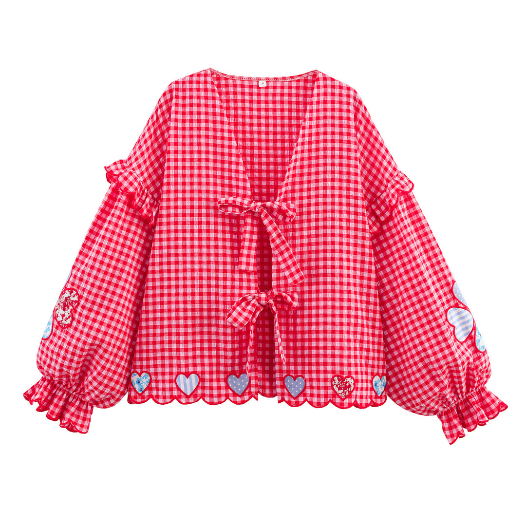 Damen lässige Bluse mit Rüschendetails und verspieltem Karomuster Fudus