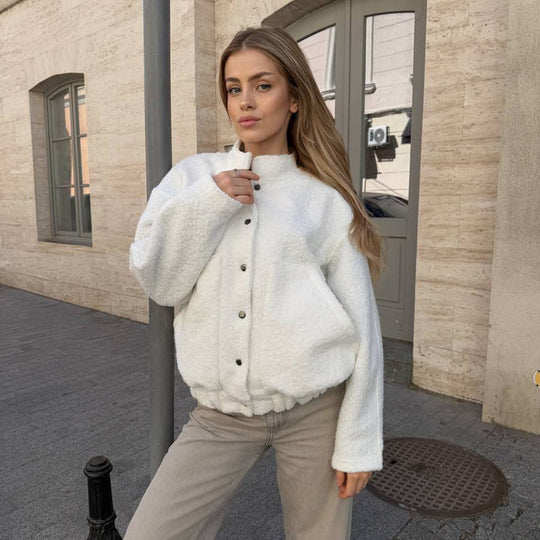 Damen kuschelige Fleecejacke mit Druckknöpfen und großen Taschen Fudus