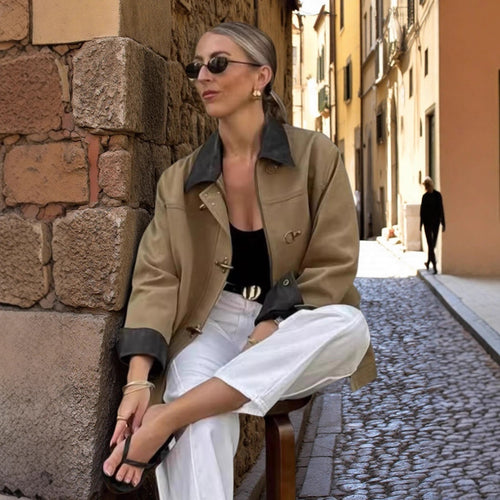 Damen lässige Oversized-Jacke mit kontrastierendem Kragen Fudus