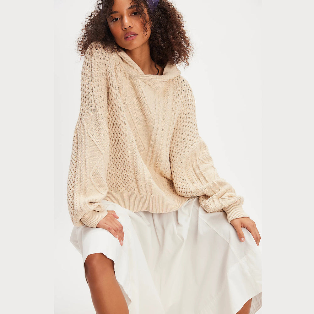 Damen Grobstrick-Hoodie mit stilvollem Zopfmuster Fudus