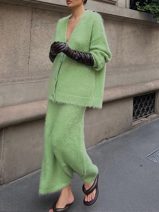 Damen kuschelige Strickjacke und Wadenlanger Rock Set Fudus