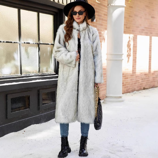 Damen Langer Kunstpelzmantel mit eleganter Kragenverzierung Fudus