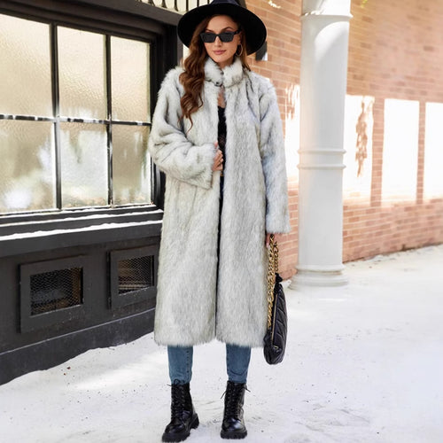 Damen Langer Kunstpelzmantel mit eleganter Kragenverzierung Fudus