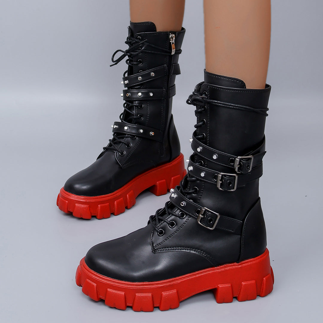 Damen High-Top Schnürstiefel mit Verstellbaren Riemen und Griffiger Sohle