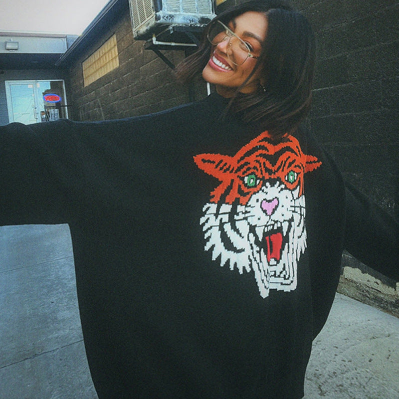 Damen Grobstrickpullover mit auffälligem Tiger-Design Fudus