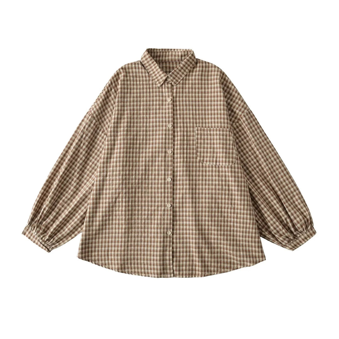 Damen Lässige Karobluse mit überschnittenen Schultern und großen Knöpfen Fudus