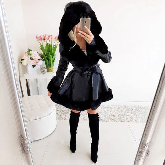 Damen Kapuzenmantel mit luxuriösem Kunstfellbesatz Fudus