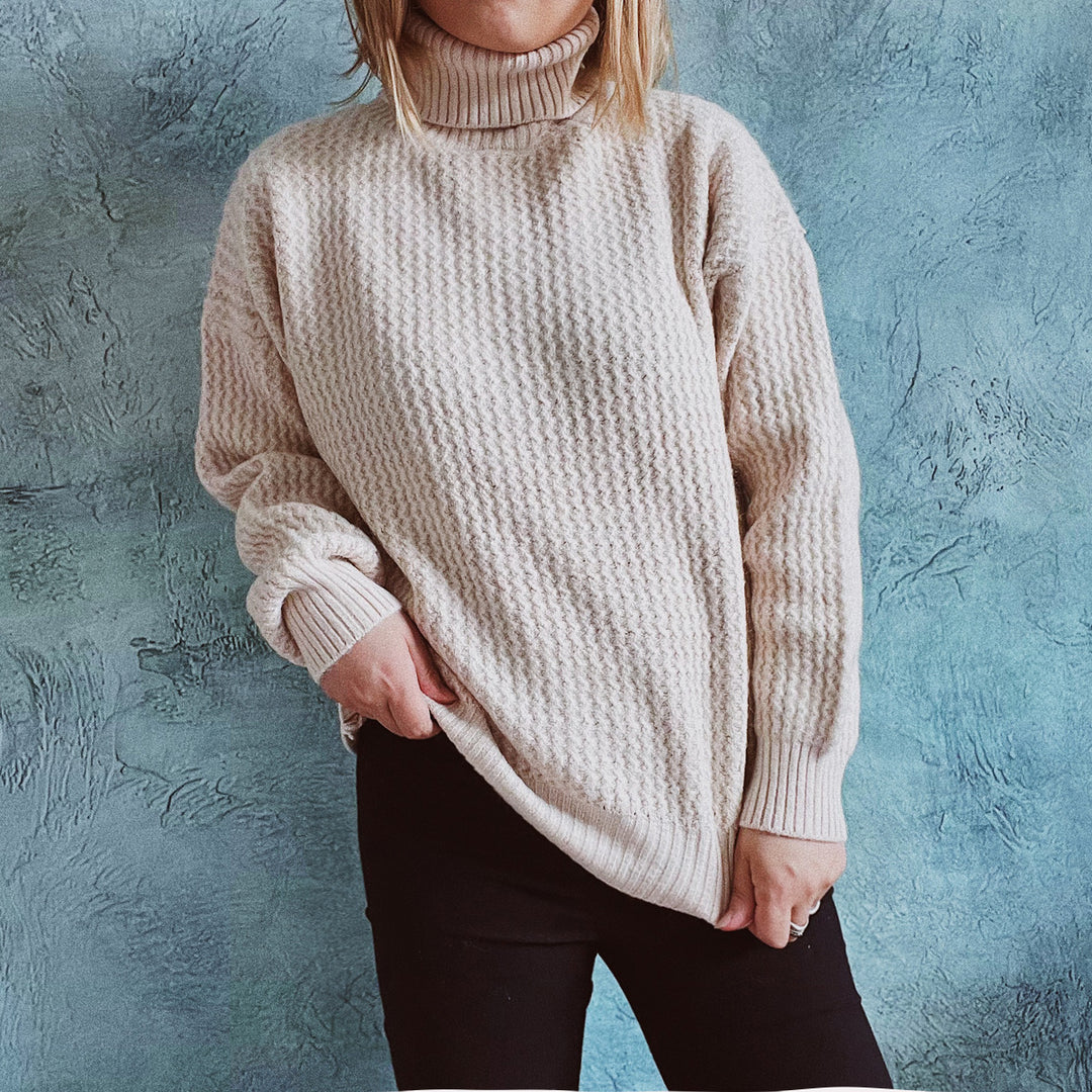 Damen Grobstrickpullover mit strukturiertem Muster und hohem Kragen Fudus