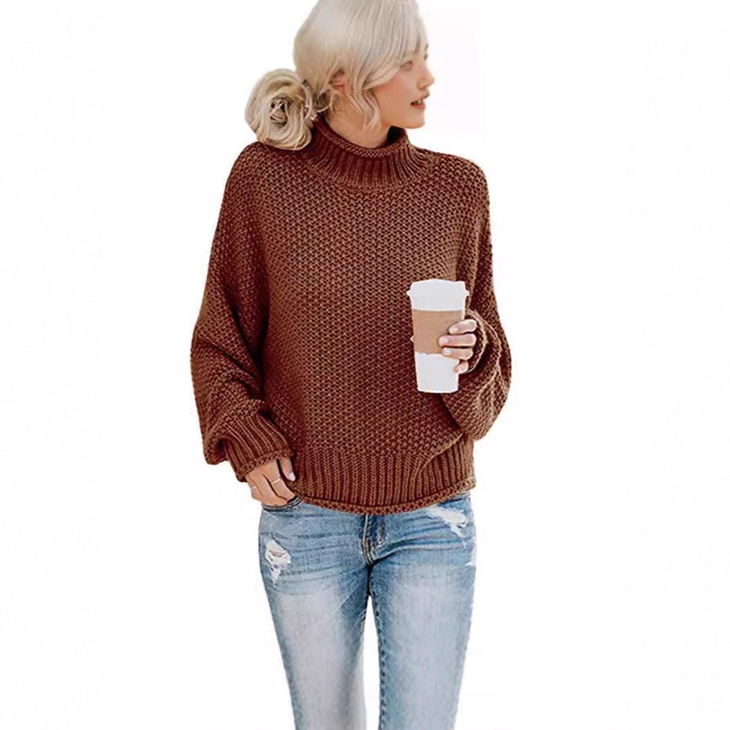 Damen kuscheliger Pullover mit hohem Kragen und weiten Ärmeln Fudus