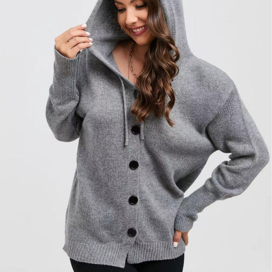 Damen Kapuzenstrickjacke mit Knopfverschluss und breitem Rippmuster Fudus