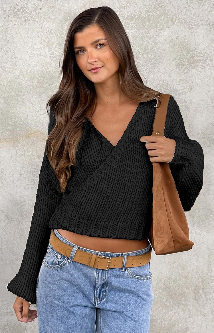 Damen kuscheliger Strickpullover mit modernem Wickeldesign Fudus