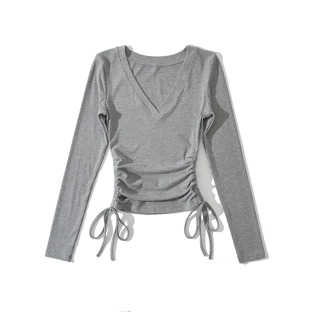 Damen langärmliges V-Ausschnitt Oberteil mit Raffungen und Bindebändern Fudus