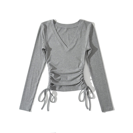 Damen langärmliges V-Ausschnitt Oberteil mit Raffungen und Bindebändern Fudus