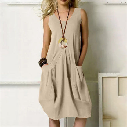 Damen Kleid Ärmellos Baumwoll Leinen Mit Taschen